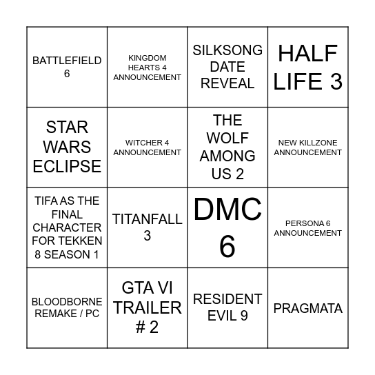 TGA Copium Announcement Bingo Card