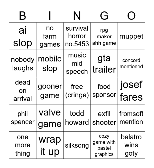 tga Bingo Card