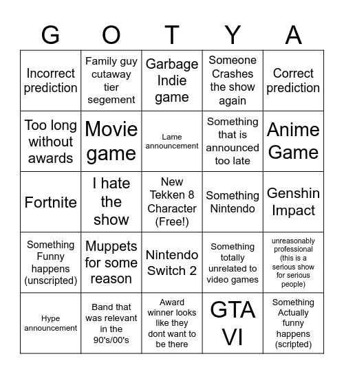 2024 Game Awards Bingo Card