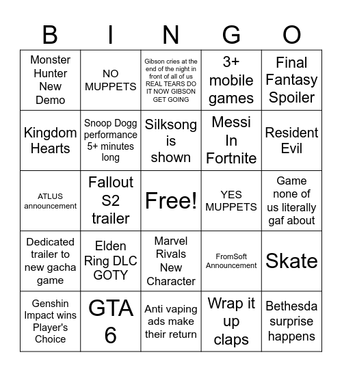 The Game Awards 2024 Bingo Card