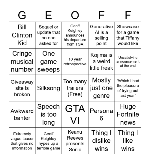 Game Award Bingo Card