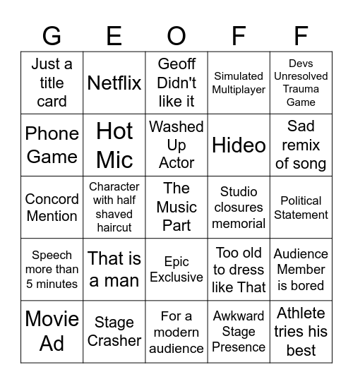 Game Awards Bingo Card