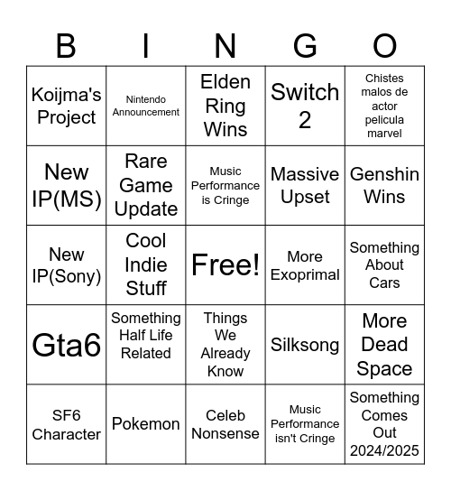 Game Awards Bingo Card