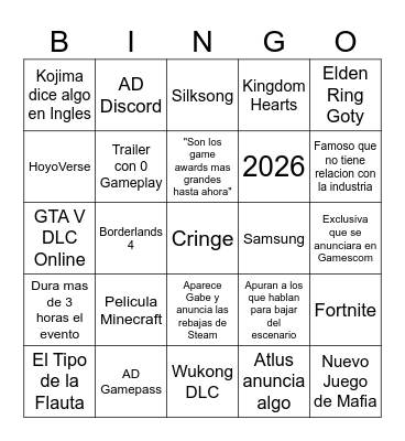 Game Awards Bingo Card