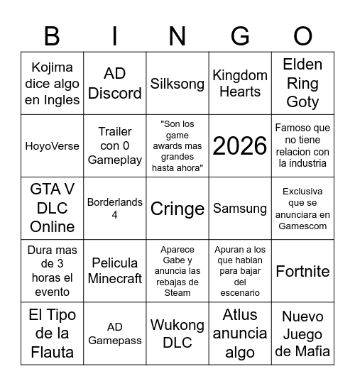 Game Awards Bingo Card