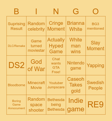 Silly Game Awards Bingo Card