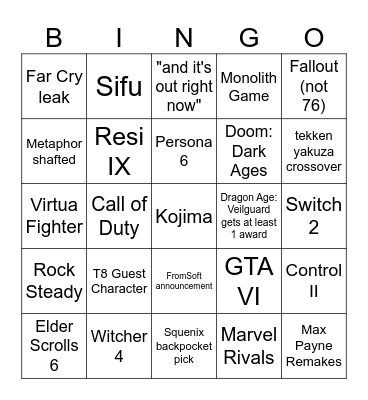 Game Awards Bingo Card