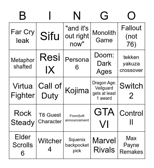 Game Awards Bingo Card