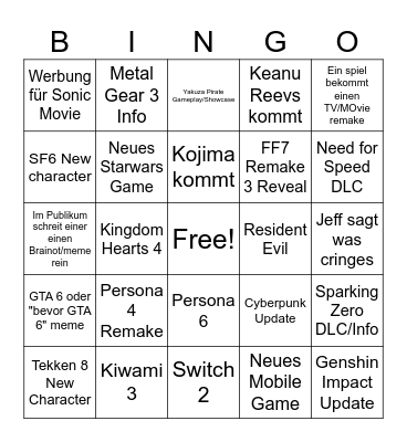 The Game Awards 2024 - Zane Bingo Card