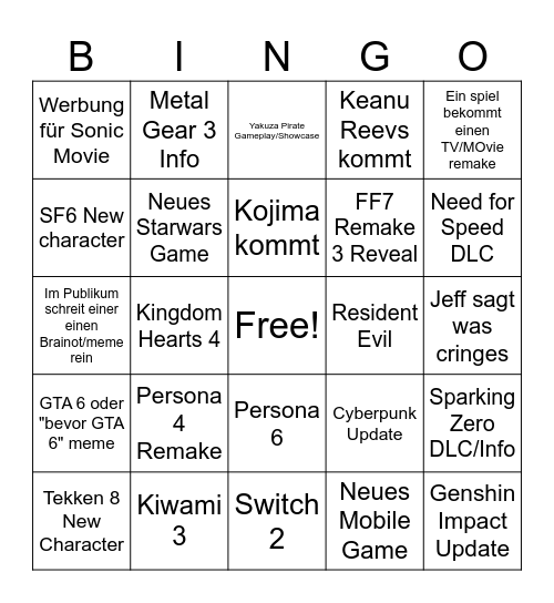 The Game Awards 2024 - Zane Bingo Card
