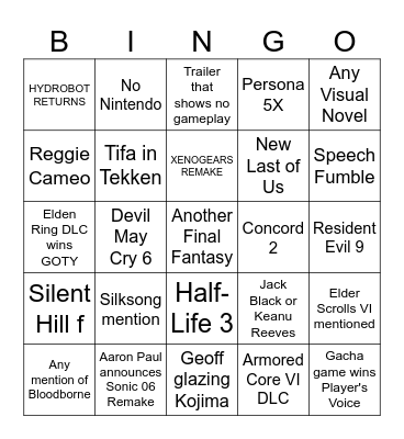GAME AWARDS Bingo Card
