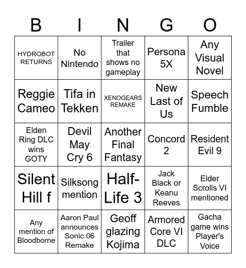 GAME AWARDS Bingo Card