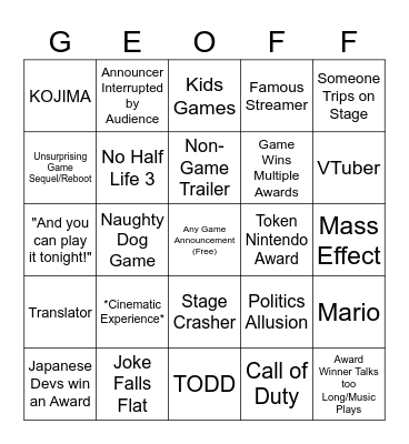 Game Awards 2024 Bingo Card