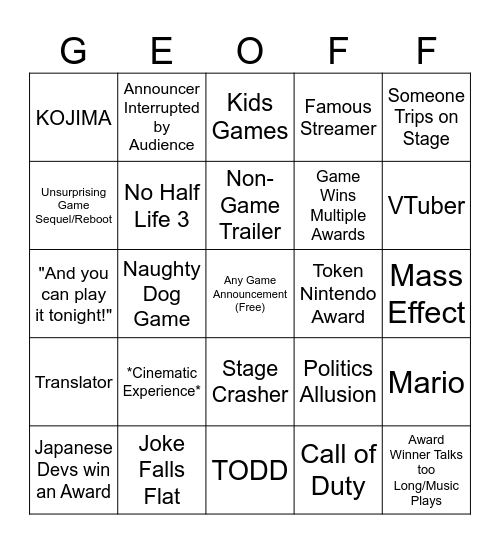 Game Awards 2024 Bingo Card
