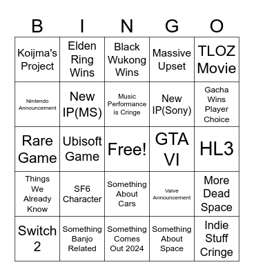 Game Awards Bingo Card