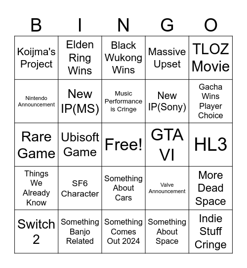 Game Awards Bingo Card