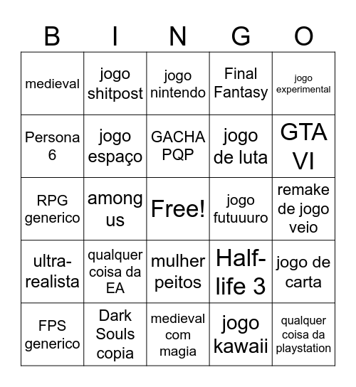 game Bingo Card