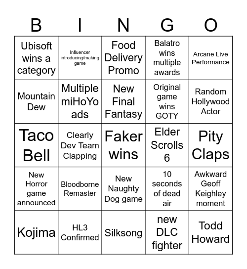 The Game Awards Bingo Card