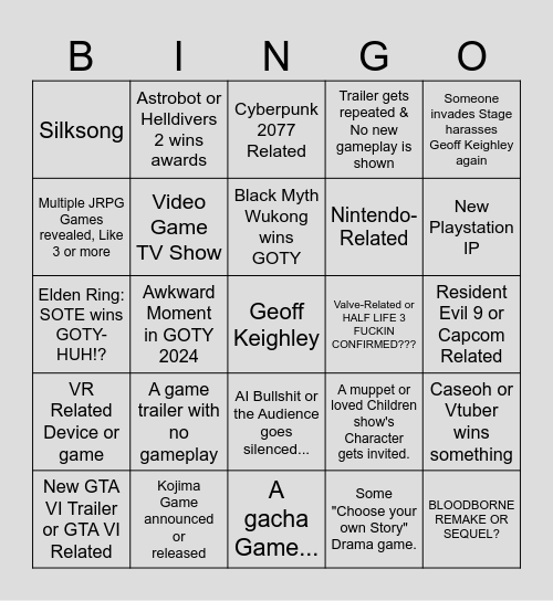 The GOTY 2024 Bullshit Awards Bingo Card