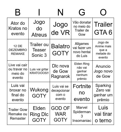 Bingo GOTY 2025 LuisGAMER Bingo Card