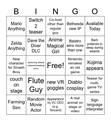 Game Awards Bingo Card