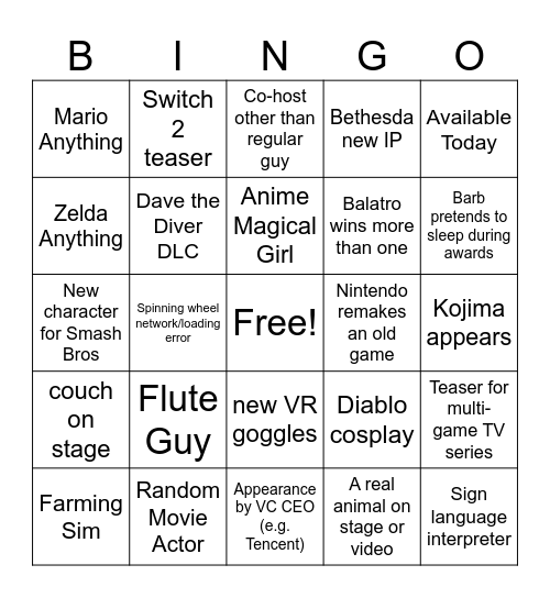 Game Awards Bingo Card