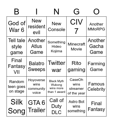 Game Awards 2024 Bingo Card