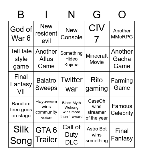 Game Awards 2024 Bingo Card