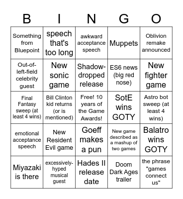 The Game Awards 2024 Bingo Card
