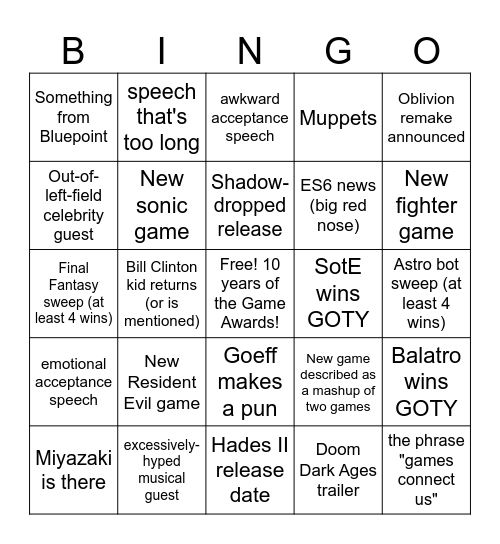 The Game Awards 2024 Bingo Card