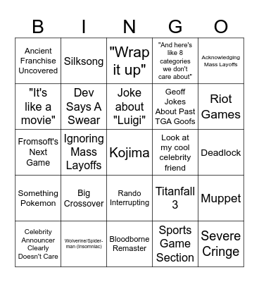 Game Awards 2025 Bingo Card