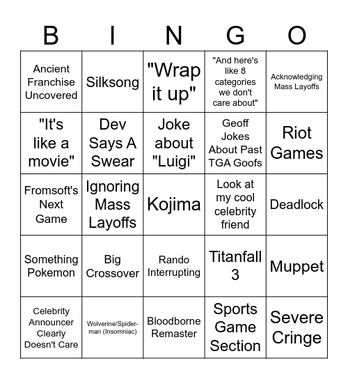 Game Awards 2025 Bingo Card