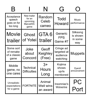 Game Awards 2024 Bingo Card