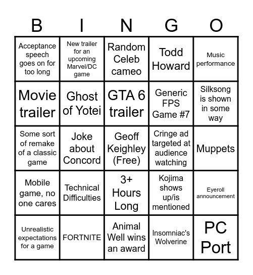 Game Awards 2024 Bingo Card