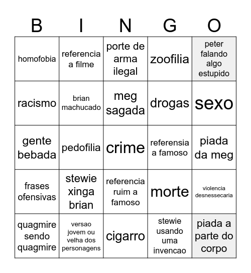 family guy bingo Card