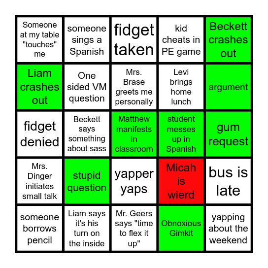 School Bingo Card