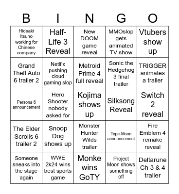 The Game Awards 2024 Bingo Card