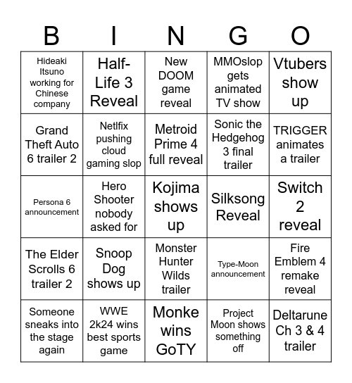 The Game Awards 2024 Bingo Card