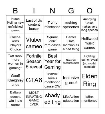 Gameawards 2024 Bingo Card