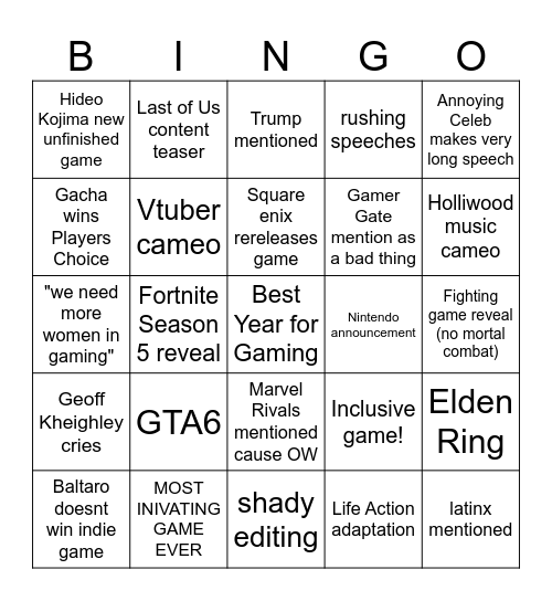 Gameawards 2024 Bingo Card