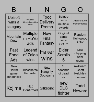 The Game Awards Bingo Card