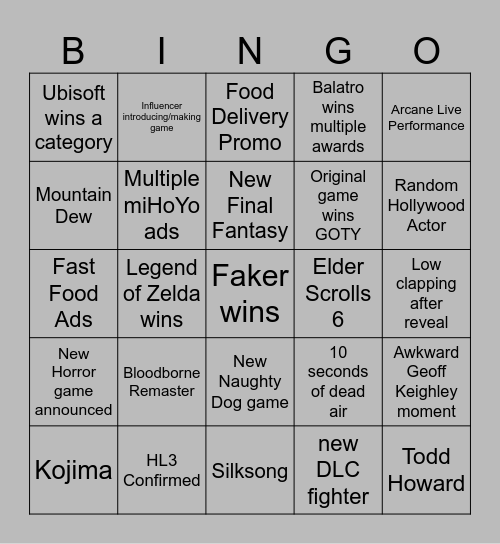 The Game Awards Bingo Card