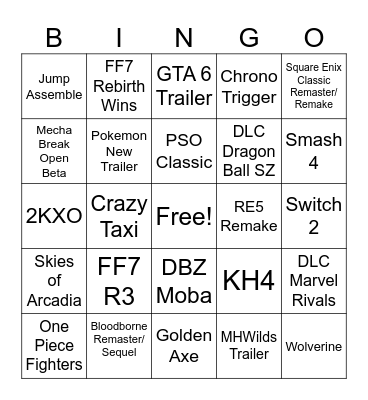 Game Awards Bingo Card