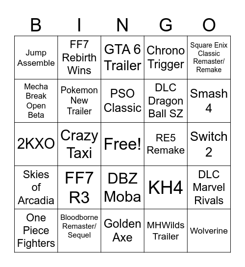 Game Awards Bingo Card