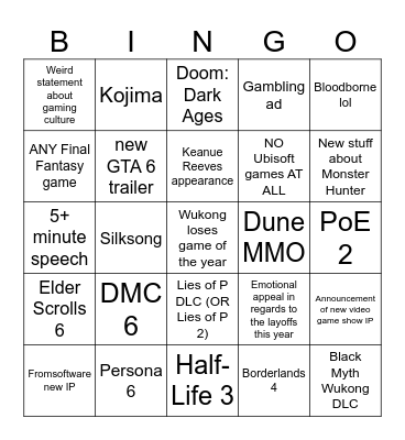 Game Awards 2024 Bingo Card