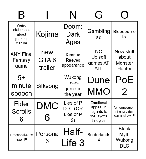 Game Awards 2024 Bingo Card
