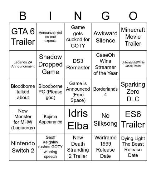 Game Awards 2024 Bingo Card