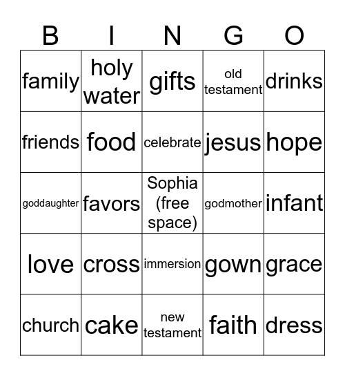 Baptism Bingo Card