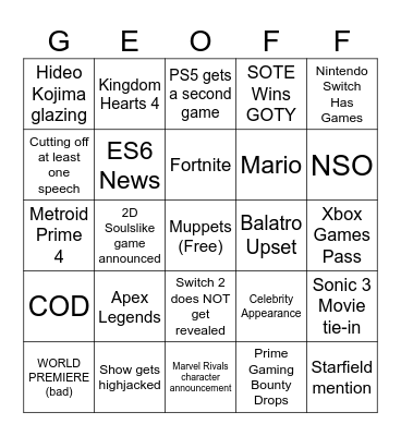 TGA BINGO Card