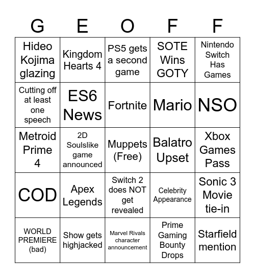 TGA BINGO Card